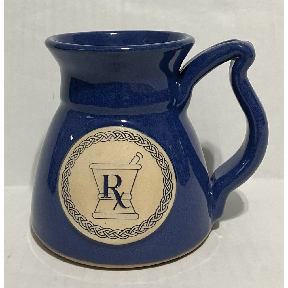 Wide Bottom No Spill Coffee Mug Pottery RX Drug Pharmacist Cobalt Blue 15 Oz.
